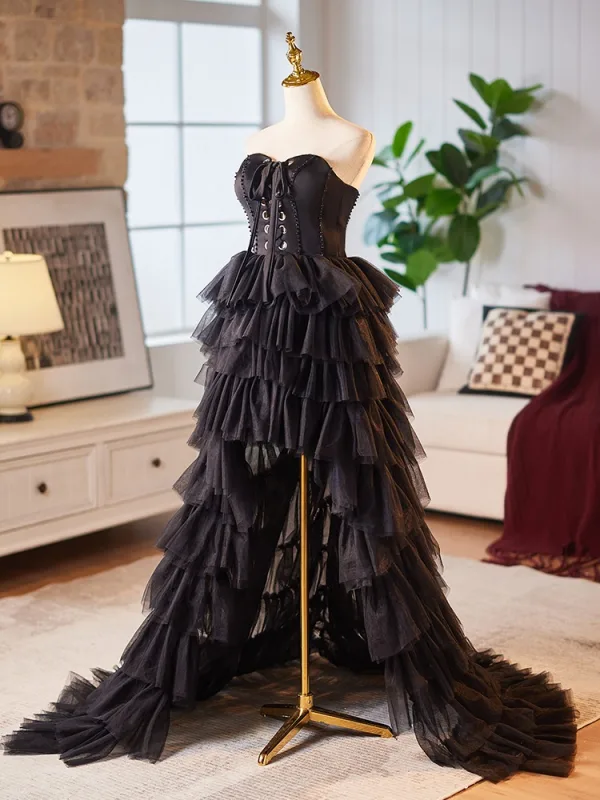 Charming Black Cascading Ruffles Asymmetrical Prom Dresses Cocktail Dresses 2024 A-Line / Princess Strapless Sleeveless Backless Cocktail Party
