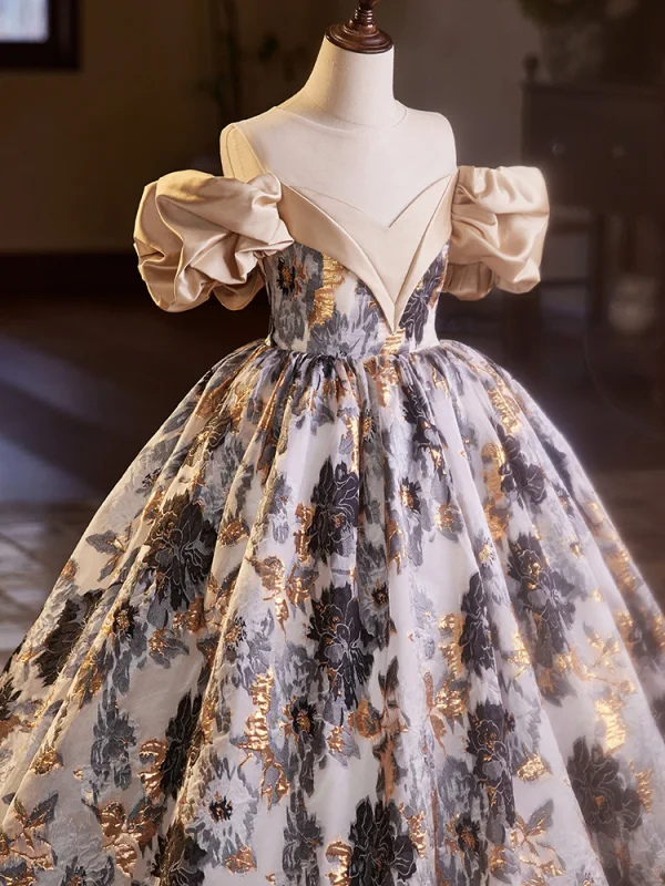 Chic / Beautiful Black Gold Printing Birthday Flower Girl Dresses 2024 Ball Gown Scoop Neck Short Sleeve Backless Floor-Length / Long