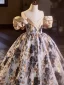 Chic / Beautiful Black Gold Printing Birthday Flower Girl Dresses 2024 Ball Gown Scoop Neck Short Sleeve Backless Floor-Length / Long