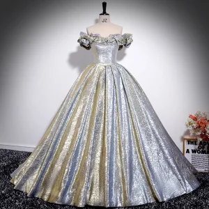Mode Argenté Glitter Robe De Ceremonie 2024 Robe Boule De L Épaule Manches Courtes Dos Nu Longue Promo Robe De Bal