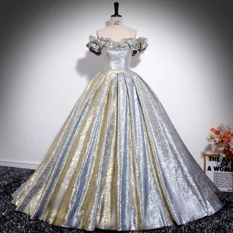 Fashion Silver Glitter Formal Dresses 2024 Ball Gown Off The Shoulder Short Sleeve Backless Floor Length Long Prom Prom Dresses