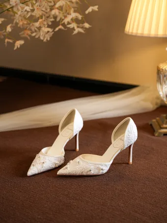 Élégant Blanche Perle Faux Diamant En Dentelle Fleur Cuir Chaussure De Mariée 2026 8 Cm Talons Aiguilles À Bout Pointu Mariage Talons Hauts