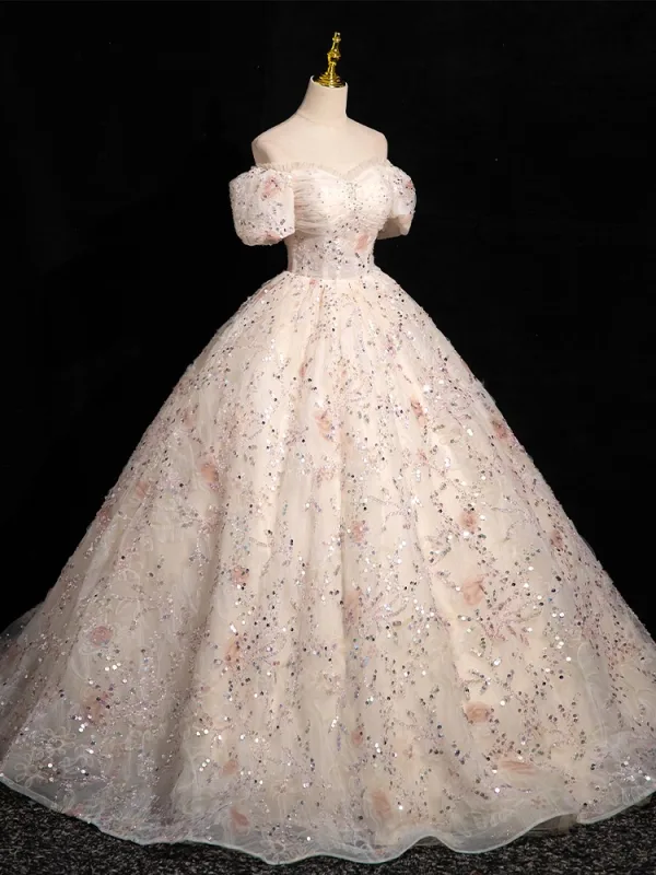 Bling Bling Rougissant Rose Paillettes Robe De Bal 2024 Robe Boule De l'épaule Manches Courtes Dos Nu Longue Promo Robe De Ceremonie