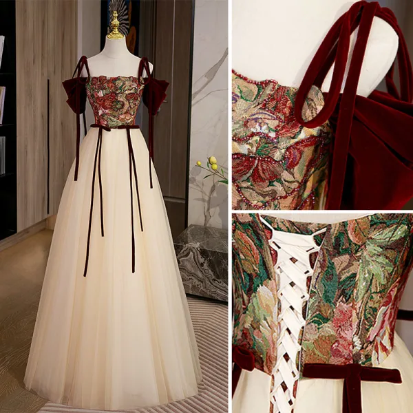 Chic / Beautiful Champagne Embroidered Prom Dresses 2022 A-Line / Princess Off-The-Shoulder Short Sleeve Backless Beading Bow Sash Floor-Length / Long Formal Dresses