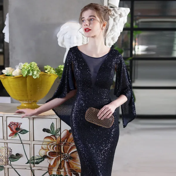 Sparkly Black Sequins Evening Dresses 2022 Trumpet / Mermaid Scoop Neck 1/2 Sleeves Floor-Length / Long Evening Party Formal Dresses