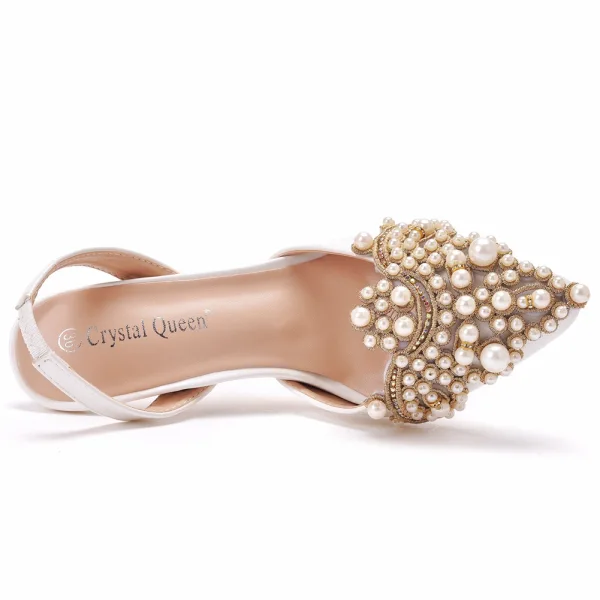 Chic / Beautiful White Pearl Rhinestone Prom Womens Shoes 2022 Pointed Toe 7 cm Stiletto Heels High Heels