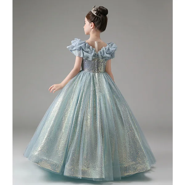 Sparkly Sky Blue Pearl Sequins Birthday Flower Girl Dresses 2023 A-Line / Princess Scoop Neck Short Sleeve Floor-Length / Long Flower Girl Dresses