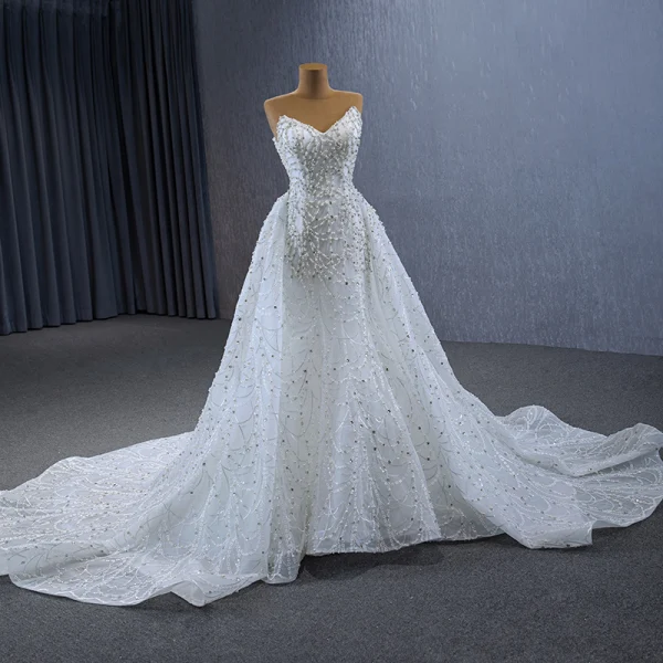 Occidental Blanche Fait main Perlage Perle Paillettes Robe De Mariée 2024 Trompette / Sirène Bustier Sans Manches Dos Nu Tribunal Train