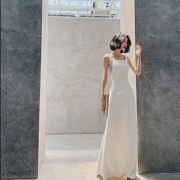Charming Ivory Sequins Evening Dresses 2022 Trumpet / Mermaid Square Neckline Sleeveless Backless Floor-Length / Long Evening Party Formal Dresses