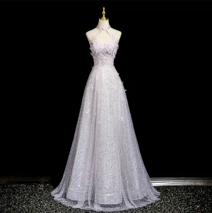 Charmig Lavendel Beading Appliqués Paljetter Balklänningar 2025 Prinsessa Hög Hals Ärmlös Halterneck Långa Formella Klänningar