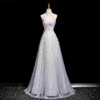 Charmant Lavande Perlage Appliques Paillettes Robe De Bal 2025 Princesse Col Haut Sans Manches Dos Nu Longue Robe De Ceremonie