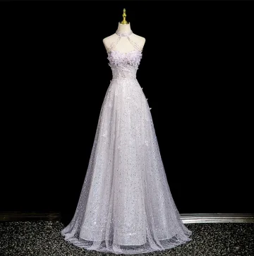 Charming Lavender Beading Appliques Sequins Prom Dresses 2025 A Line Princess High Neck Sleeveless Backless Floor Length Long Formal Dresses