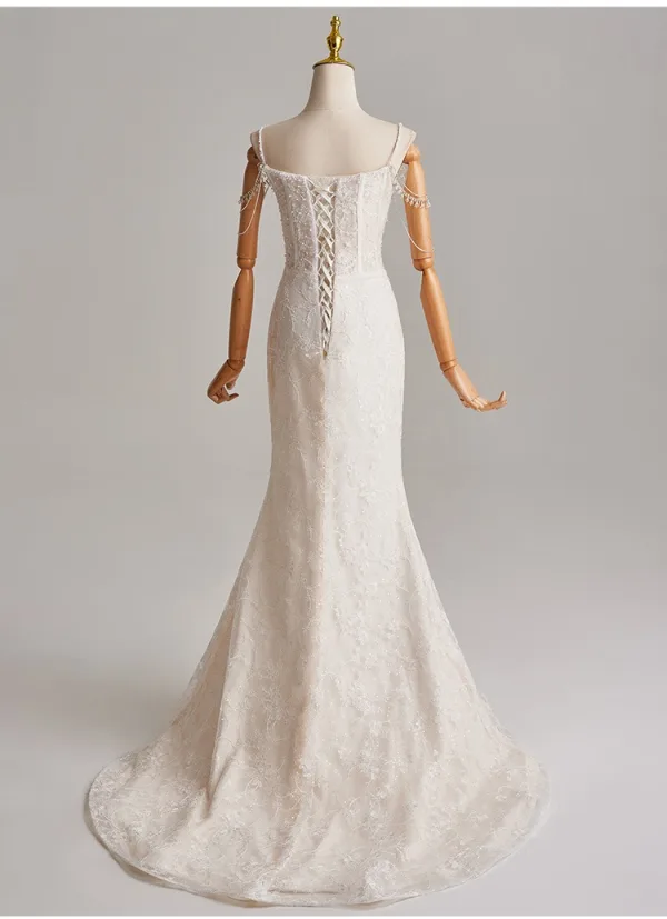 Simple Ivoire Perle Paillettes En Dentelle Légère Robe De Mariée 2025 Trompette / Sirène Bretelles Spaghetti Sans Manches Dos Nu Train De Balayage