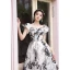 Fashion Black Printing Prom Dresses 2023 A-Line / Princess Off-The-Shoulder Short Sleeve Backless Bow Sash Floor-Length / Long Prom Formal Dresses