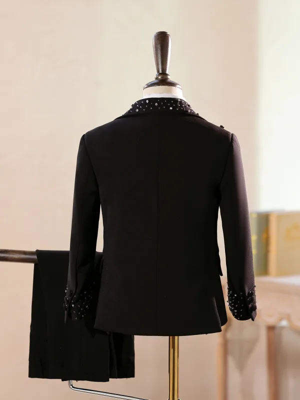 Fashion Black Beading Rhinestone 5-piece Long Sleeve Boys Wedding Suits 2025 Coat Pants Shirt Tie Vest