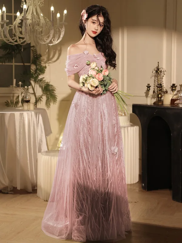 Chic / Beautiful Blushing Pink Beading Pearl Appliques Prom Dresses 2024 A-Line / Princess Off-The-Shoulder Short Sleeve Backless Floor-Length / Long Prom Formal Dresses