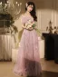Chic / Beautiful Blushing Pink Beading Pearl Appliques Prom Dresses 2024 A-Line / Princess Off-The-Shoulder Short Sleeve Backless Floor-Length / Long Prom Formal Dresses