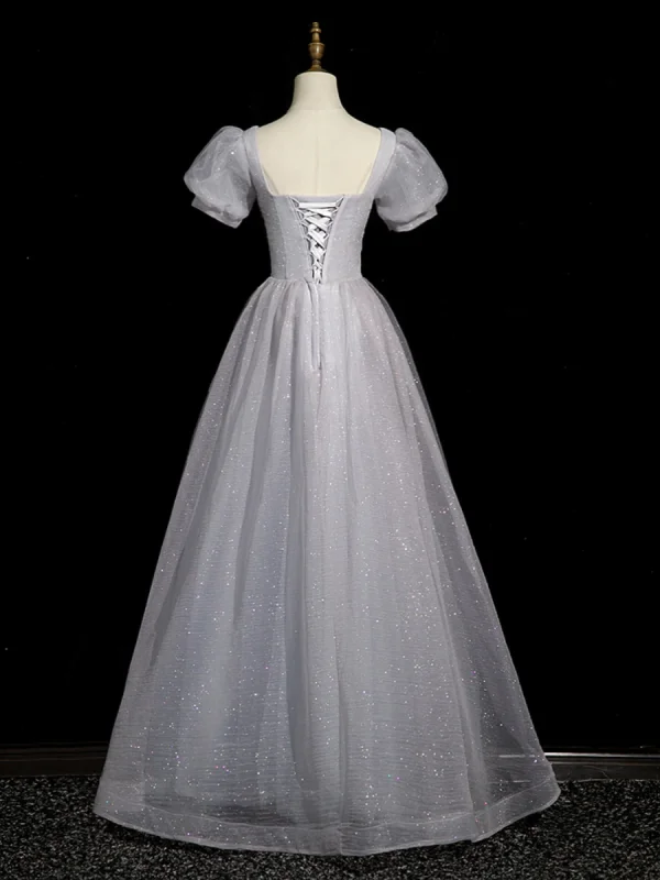 Élégant Gris Perlage Paillettes Robe De Bal 2023 Princesse Encolure Carrée Gonflée Manches Courtes Dos Nu Longue Promo Robe De Ceremonie