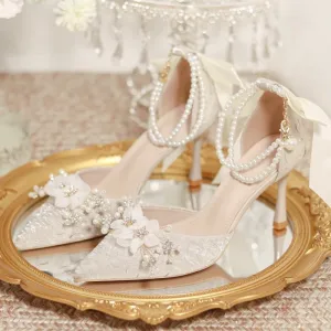 Élégant Blanche Perle Faux Diamant Appliques Chaussure De Mariée 2024 8 Cm Talons Aiguilles À Bout Pointu Mariage Sandales Talons Hauts