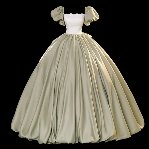 Elegant Sage Green Satin Prom Dresses 2023 Ball Gown Square Neckline Puffy Short Sleeve Backless Bow Floor-Length / Long Prom Formal Dresses