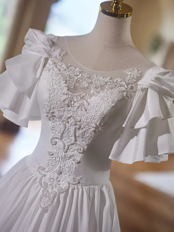Vintage / Retro Medieval White Pearl Lace Flower Wedding Dresses 2025 Ball Gown Scoop Neck Short Sleeve Backless Floor-Length / Long Wedding