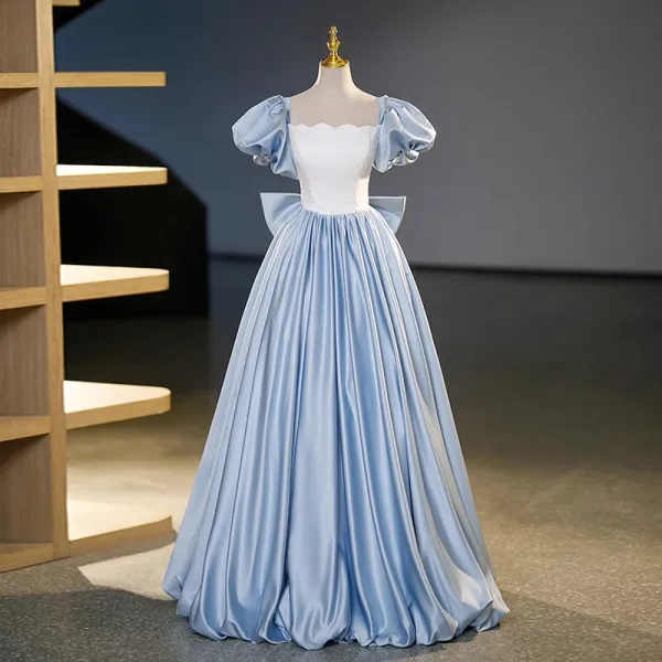 Elegant Sky Blue Satin Prom Dresses 2023 Ball Gown Square Neckline Puffy Short Sleeve Backless Bow Floor-Length / Long Prom Formal Dresses