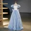 Elegant Sky Blue Satin Prom Dresses 2023 Ball Gown Square Neckline Puffy Short Sleeve Backless Bow Floor-Length / Long Prom Formal Dresses