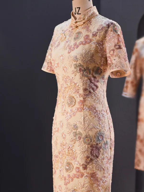 Vintage / Retro Chinese style Dusky Pink Pearl Sequins Lace Flower Split Front Evening Party Cheongsam 2025 Trumpet / Mermaid High Neck Short Sleeve Zipper Up Floor-Length / Long