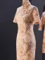 Vintage / Retro Chinese style Dusky Pink Pearl Sequins Lace Flower Split Front Evening Party Cheongsam 2025 Trumpet / Mermaid High Neck Short Sleeve Zipper Up Floor-Length / Long