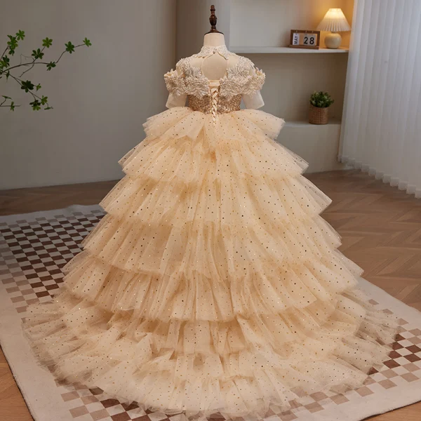 Scintillantes Charmant Champagne Perlage Perle Paillettes Faux Diamant Volants en Cascade Anniversaire Robe Ceremonie Fille 2023 Robe Boule Encolure Dégagée Manches Courtes Dos Nu Longue