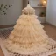 Scintillantes Charmant Champagne Perlage Perle Paillettes Faux Diamant Volants en Cascade Anniversaire Robe Ceremonie Fille 2023 Robe Boule Encolure Dégagée Manches Courtes Dos Nu Longue