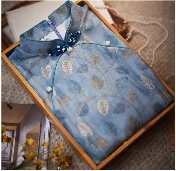 Chinese style Vintage / Retro Sky Blue Printing Cheongsam 2024 Trumpet / Mermaid High Neck Short Sleeve Tea-length