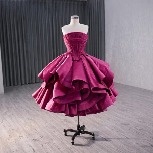 High End Fuchsia Cascading Ruffles Satin Prom Dresses 2024 Ball Gown Strapless Sleeveless Backless Tea Length Prom Formal Dresses
