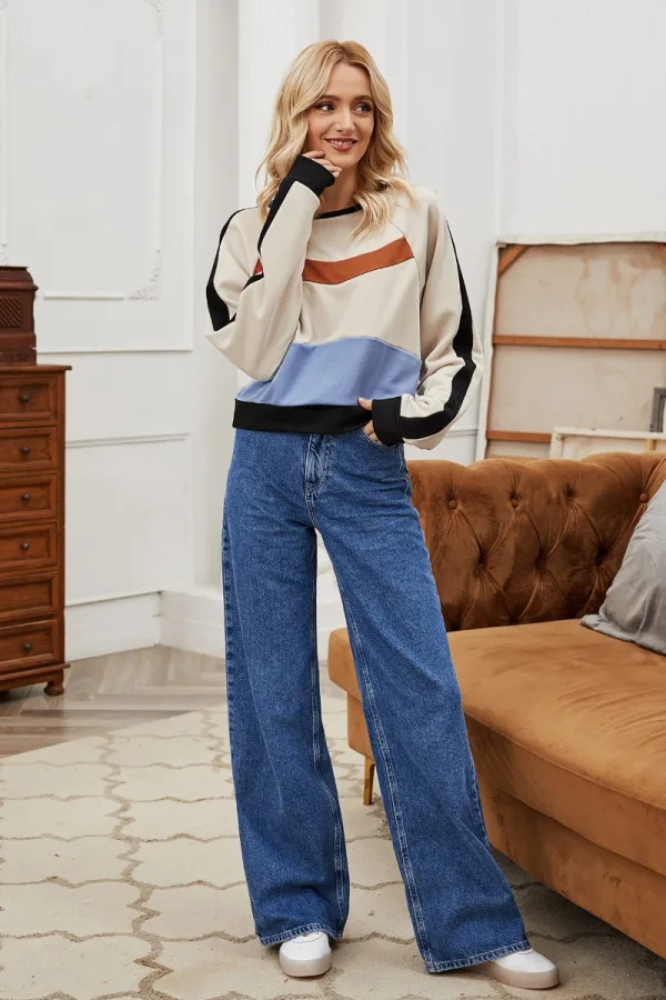 Confortable Femme Tomber Kaki Ample Sweats 2021 Encolure Dégagée Désinvolte Hiver Coton Manches Longues Patchwork Hauts