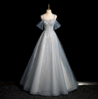 Encantador Azul Cielo Rebordear Rhinestone Lentejuelas Vestidos de gala 2024 A-Line / Princess Spaghetti Straps Manga Corta Sin Espalda Largos Gala Vestidos Formales
