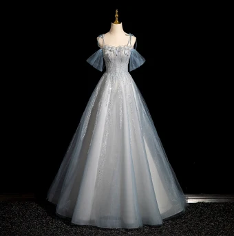 Charming Sky Blue Beading Rhinestone Sequins Prom Dresses 2024 A Line Princess Spaghetti Straps Short Sleeve Backless Floor Length Long Prom Formal Dresses