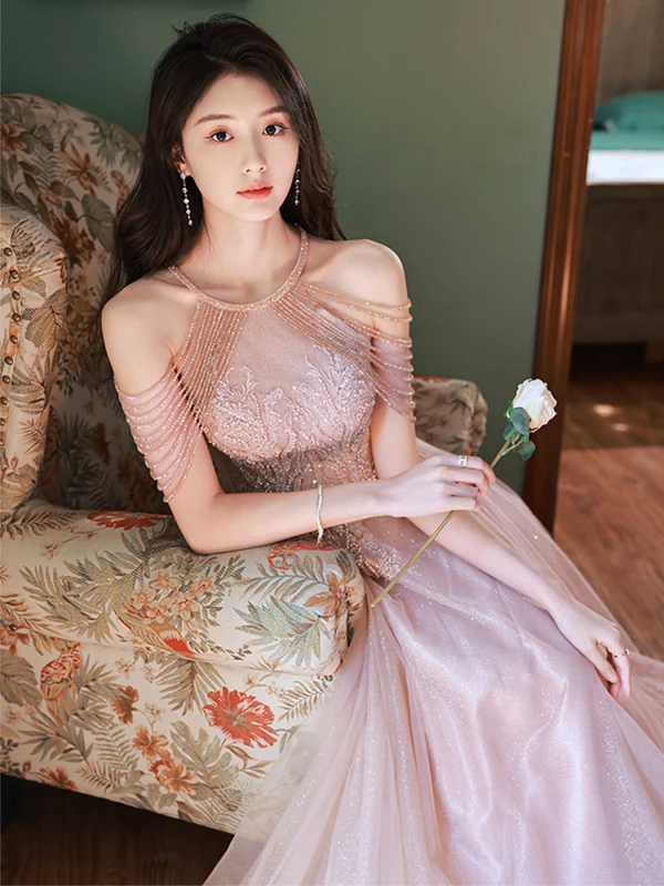 Chic / Belle Rougissant Rose Robe De Bal 2022 Princesse Titulaire Perlage Gland Paillettes En Dentelle Fleur Sans Manches Dos Nu Longue Robe De Ceremonie