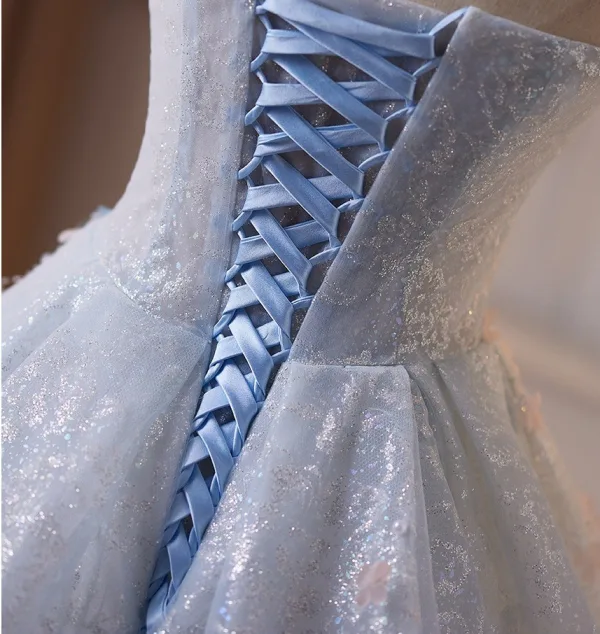 Sexy Sky Blue Beading Lace Flower Appliques Pearl Evening Dresses 2026 Trumpet / Mermaid Strapless Sleeveless Backless Floor-Length / Long Formal Dresses