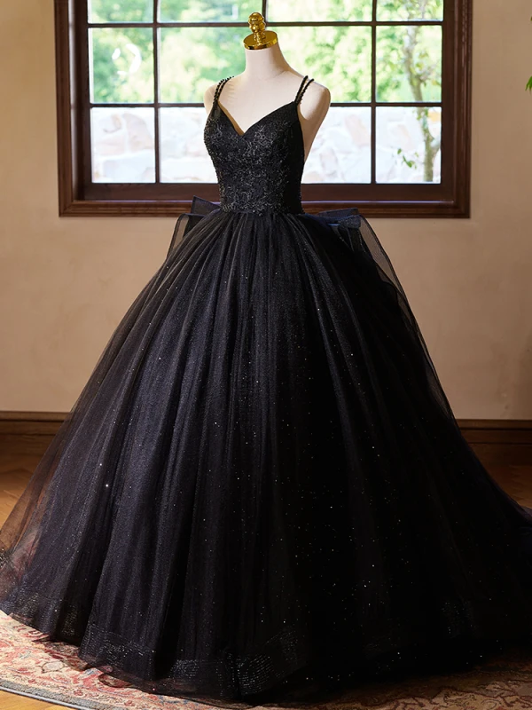 Schöne Schwarz Perlenstickerei Pailletten Spitze Blumen Ballkleider 2024 Ballkleid Spaghettiträger Ärmellos Rückenfreies Sweep / Pinsel Zug Ball Festliche Kleider