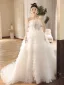 Charming White Tassel Pearl Cascading Ruffles Wedding Dresses 2024 A-Line / Princess Strapless Sleeveless Backless Court Train Wedding