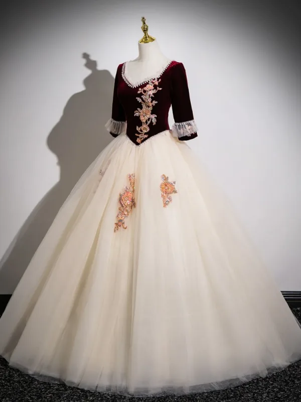 Elegant Burgundy Pearl Sequins Prom Dresses 2024 Ball Gown Square Neckline Short Sleeve Backless Bow Floor-Length / Long Prom Formal Dresses