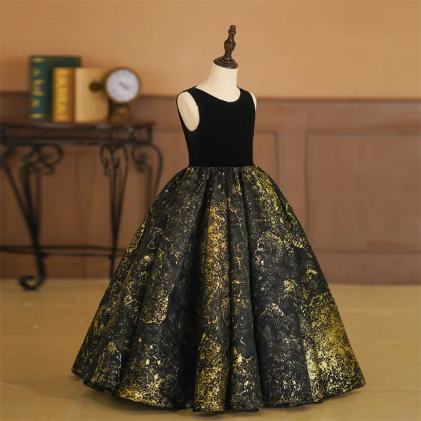 Elegant Gold Black Birthday Flower Girl Dresses 2024 Ball Gown Scoop Neck Sleeveless Floor-Length / Long