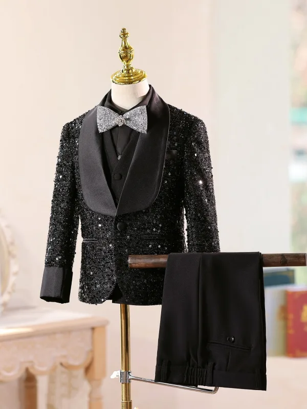 Scintillantes Noire Anniversaire 5 pièces Manches Longues Paillettes Costume Garçon Mariage 2026 Manteau Pantalon Chemise Cravate Gilet
