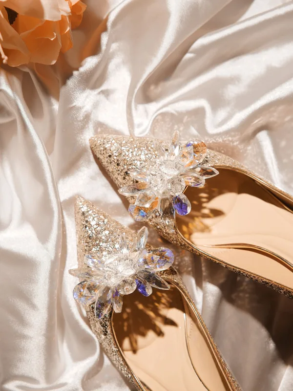 Uroczy Szampan Kryształ Kwiat Cekiny Buty Ślubne 2026 Skórzany 8 cm Szpilki Szpiczaste Ślub Czółenka