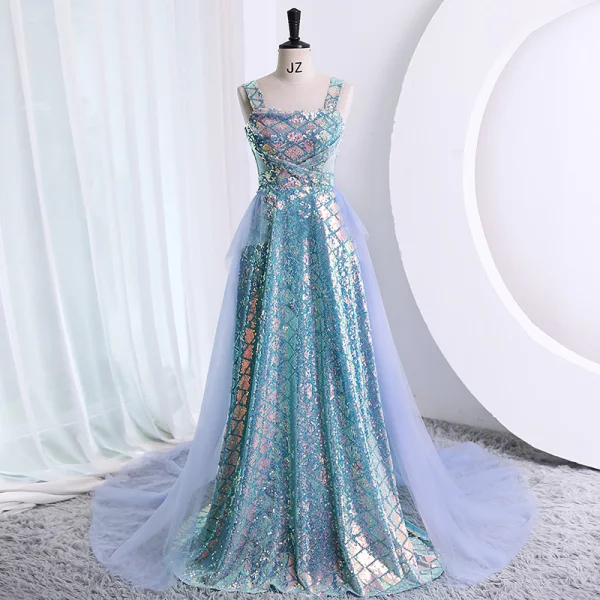 Glitzernden Himmelblau Pailletten Ballkleider 2023 A Linie Eckiger Ausschnitt Ärmellos Rückenfreies Sweep / Pinsel Zug Ball Festliche Kleider