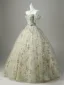 Elegant Sage Green Sequins Flower Prom Dresses 2026 Ball Gown Off-The-Shoulder Sleeveless Backless Floor-Length / Long Prom Formal Dresses
