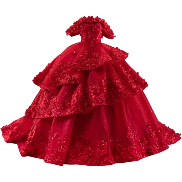High-end Burgundy Glitter Pearl Appliques Cascading Ruffles Prom Dresses 2023 Ball Gown Off-The-Shoulder Sleeveless Backless Court Train Prom Formal Dresses