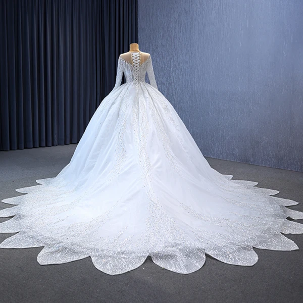 Luxury / Gorgeous White Handmade Beading Rhinestone Wedding Dresses 2023 Ball Gown Scoop Neck Long Sleeve Backless Royal Train Wedding