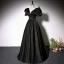 Elegant Black Satin Prom Dresses 2022 A-Line / Princess V-Neck Short Sleeve Backless Floor-Length / Long Formal Dresses