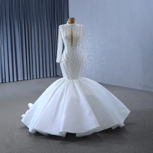 Luksus Hvit Glitter Håndlaget Beading Perle Paljetter Brudekjoler 2024 Trompet Havfrue Høy Hals Langermede Ryggløse Domstol Tog Bryllup